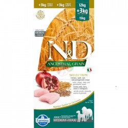 N&D Ancestral grain - Poulet & Grenade Sélection Adulte Medium/Maxi 12kg + 3kg